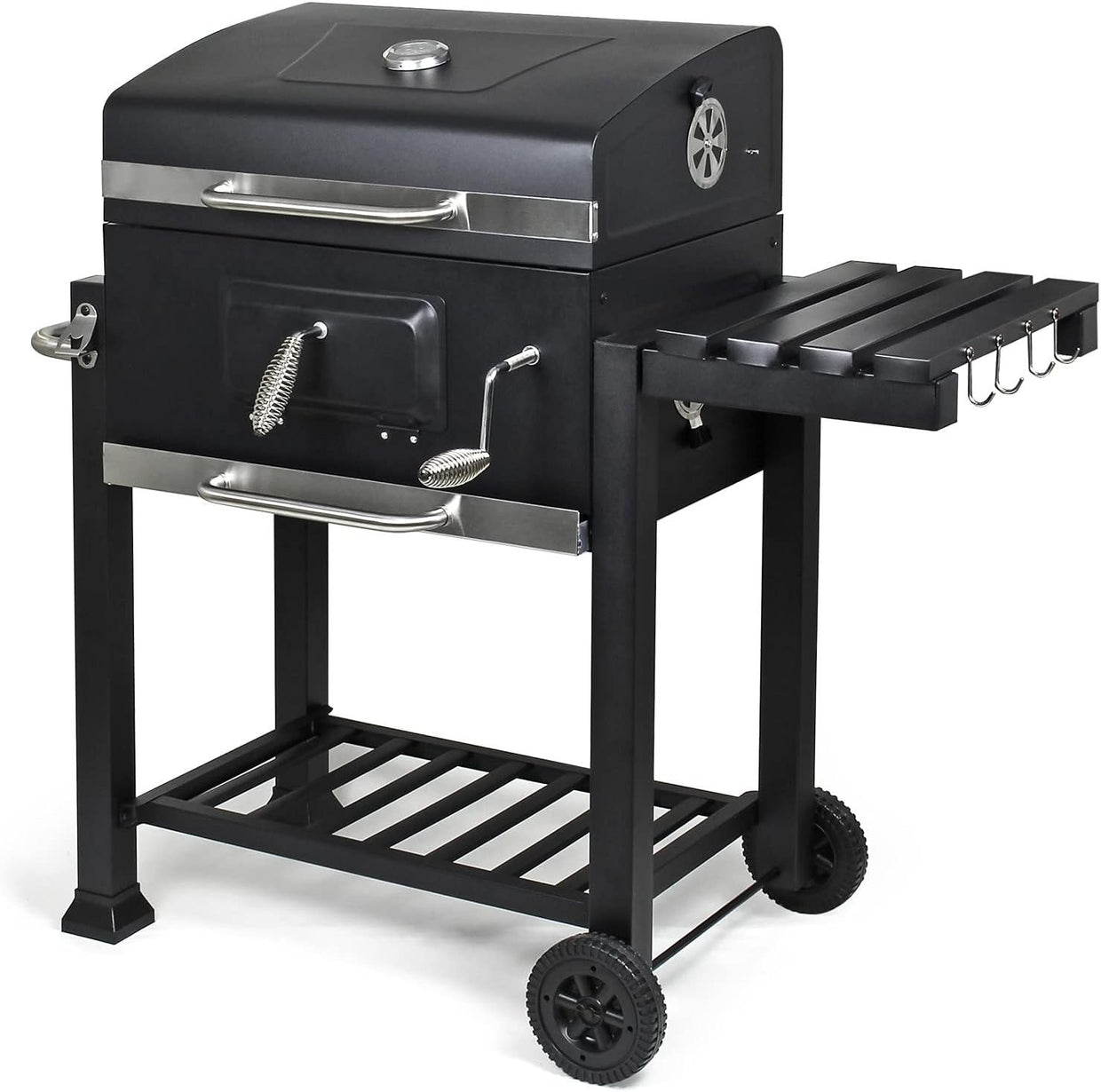 Large Charcoal BBQ Grill Trolley with Wheels, Side Shelf & Thermometer - Kwikley