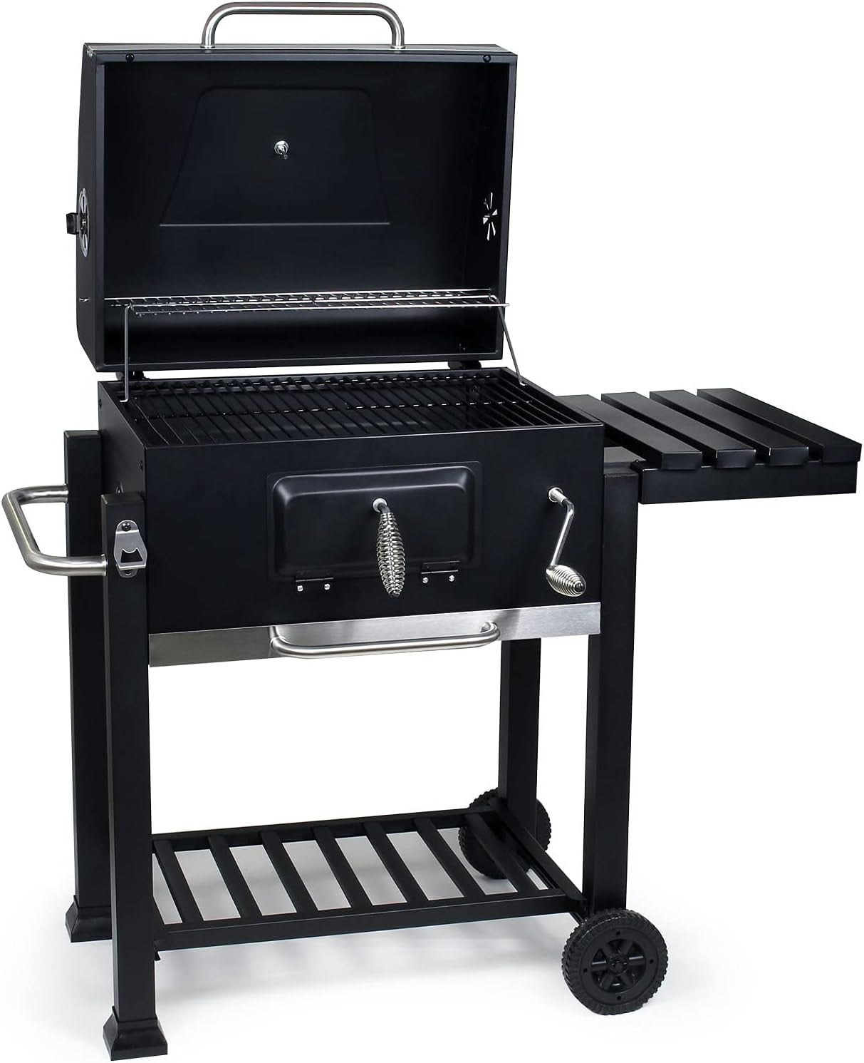 Large Charcoal BBQ Grill Trolley with Wheels, Side Shelf & Thermometer - Kwikley