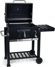Large Charcoal BBQ Grill Trolley with Wheels, Side Shelf & Thermometer - Kwikley