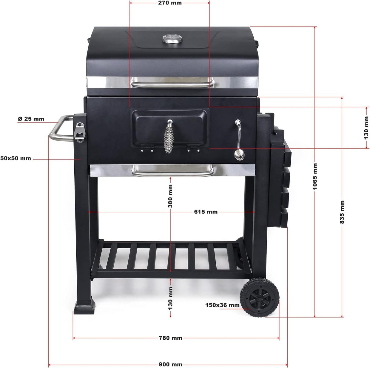 Large Charcoal BBQ Grill Trolley with Wheels, Side Shelf & Thermometer - Kwikley