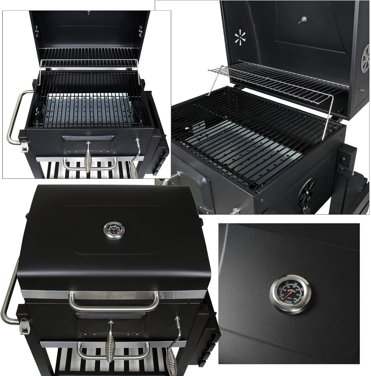 Large Charcoal BBQ Grill Trolley with Wheels, Side Shelf & Thermometer - Kwikley