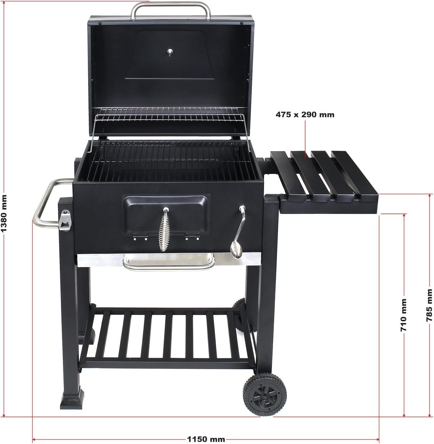 Large Charcoal BBQ Grill Trolley with Wheels, Side Shelf & Thermometer - Kwikley