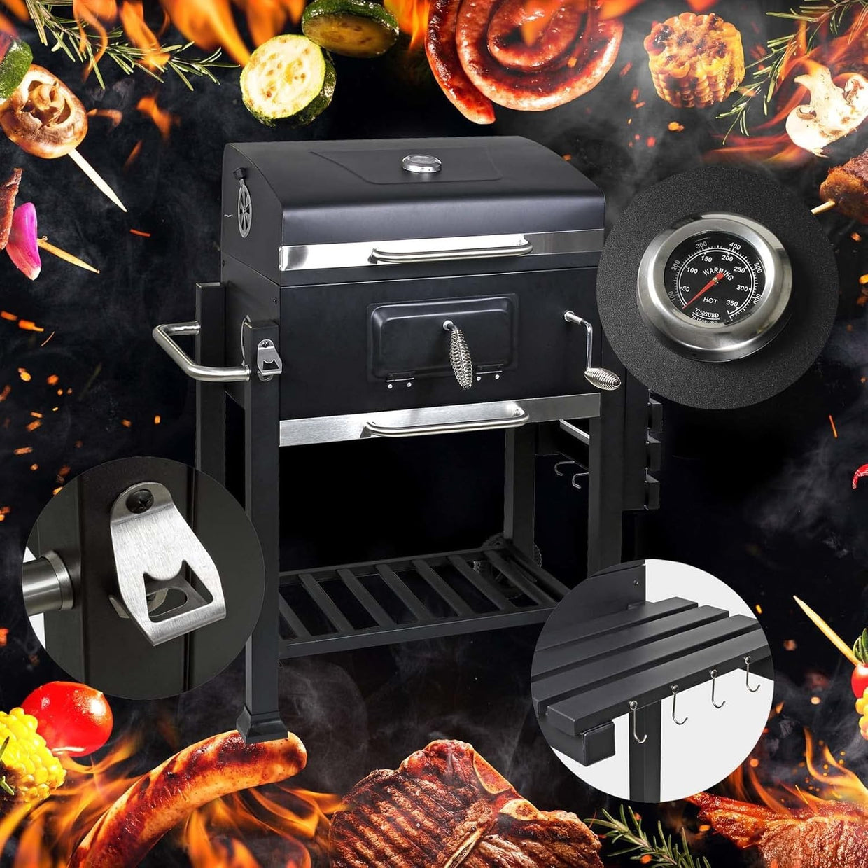 Large Charcoal BBQ Grill Trolley with Wheels, Side Shelf & Thermometer - Kwikley