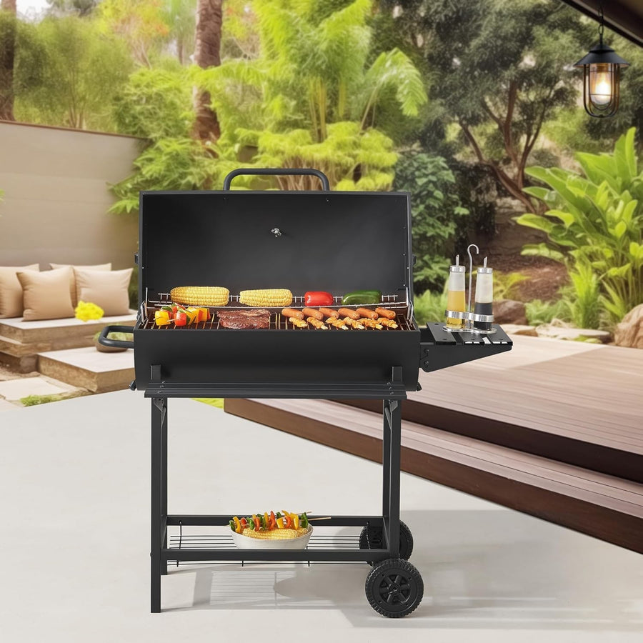 Large Charcoal BBQ Grill with Lid, Thermometer, Side Shelf & Wheels - Kwikley