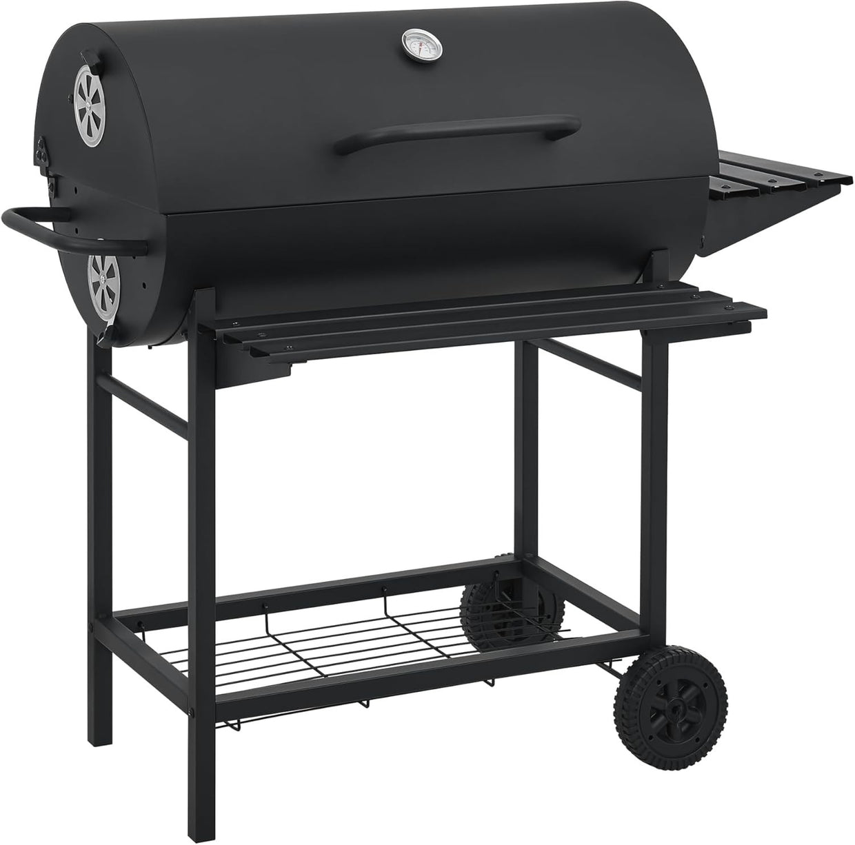 Large Charcoal BBQ Grill with Lid, Thermometer, Side Shelf & Wheels - Kwikley