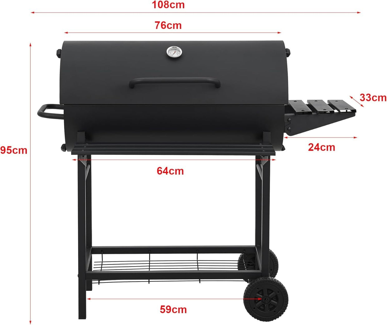 Large Charcoal BBQ Grill with Lid, Thermometer, Side Shelf & Wheels - Kwikley