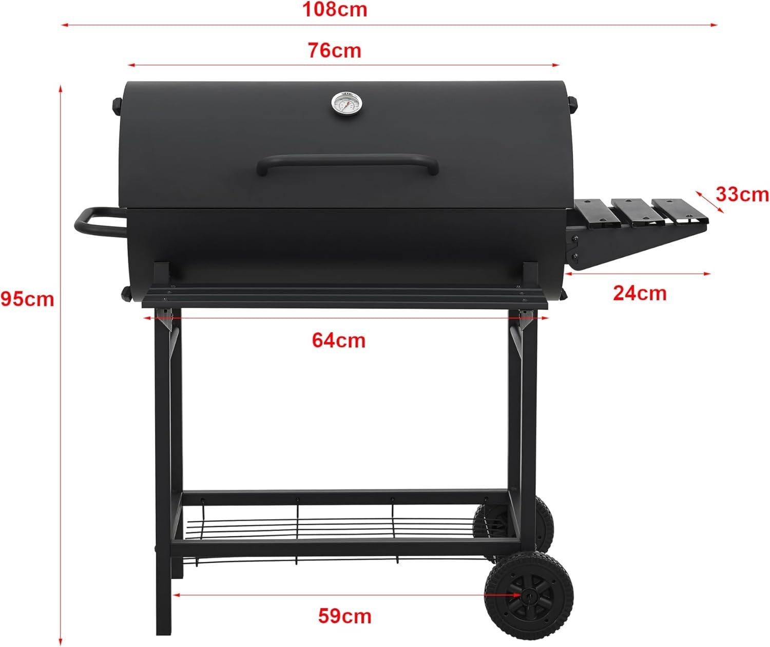 Large Charcoal BBQ Grill with Lid, Thermometer, Side Shelf & Wheels - Kwikley