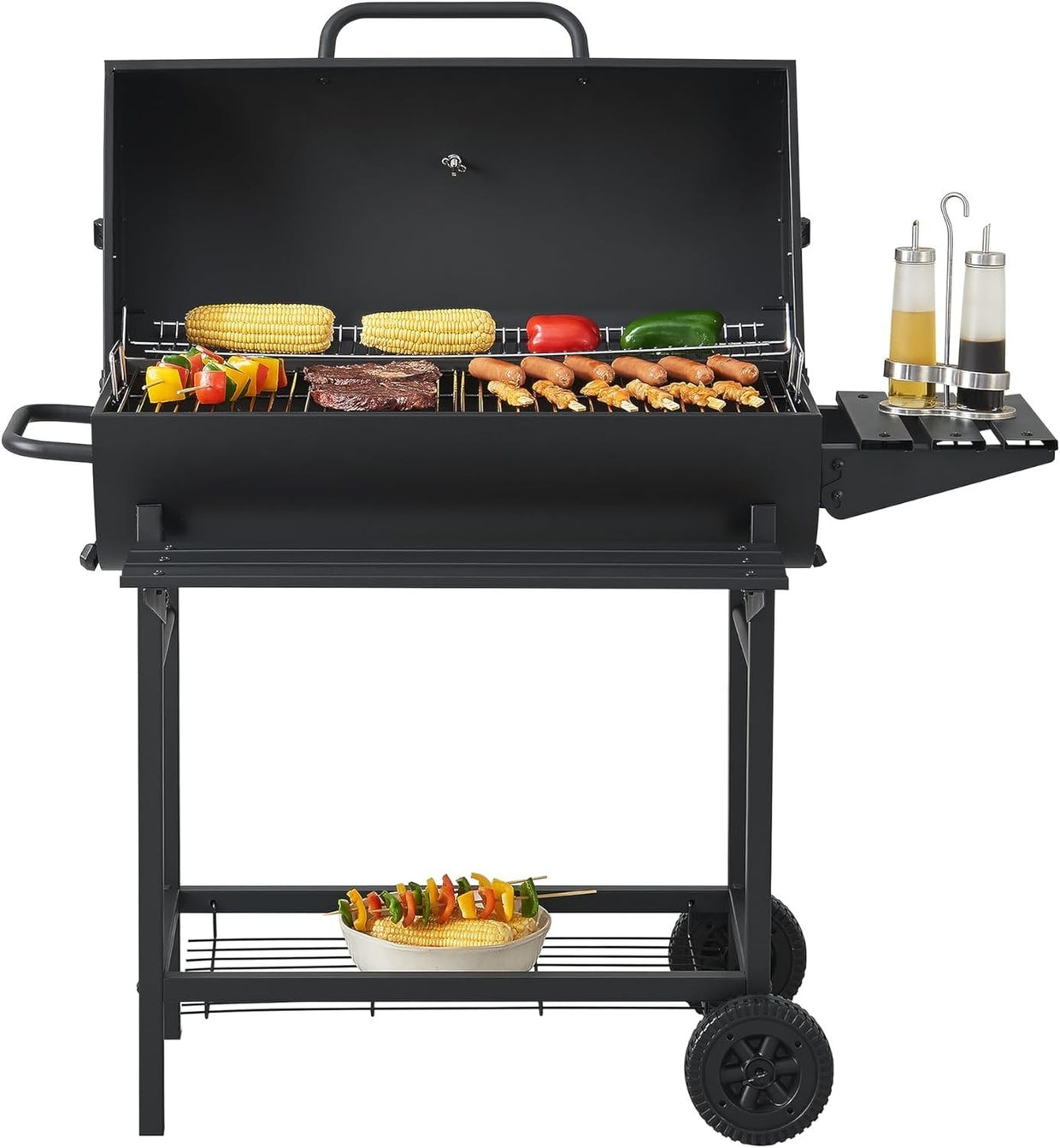 Large Charcoal BBQ Grill with Lid, Thermometer, Side Shelf & Wheels - Kwikley