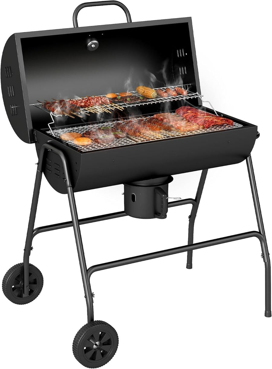 Large Charcoal BBQ Grill with Lid Thermometer, Warming Rack & Wheels Outdoor - Kwikley