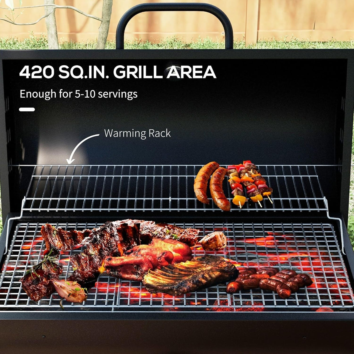 Large Charcoal BBQ Grill with Lid Thermometer, Warming Rack & Wheels Outdoor - Kwikley