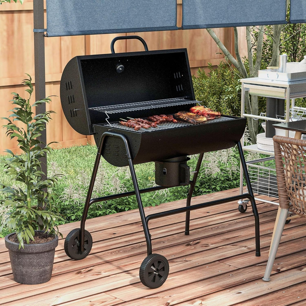 Large Charcoal BBQ Grill with Lid Thermometer, Warming Rack & Wheels Outdoor - Kwikley