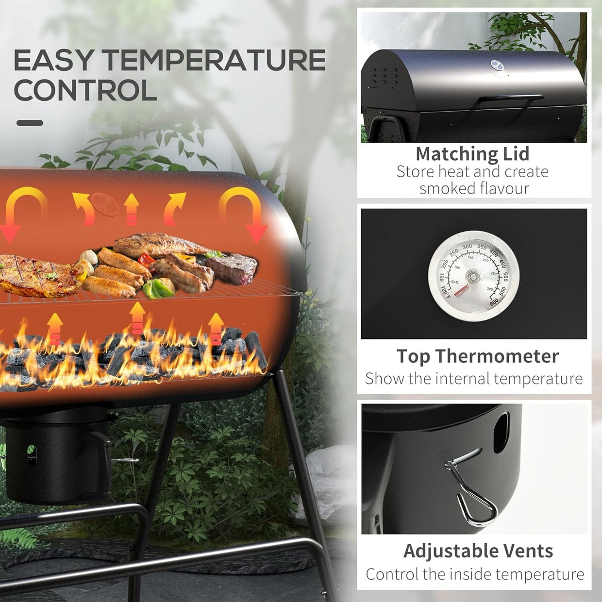 Large Charcoal BBQ Grill with Lid Thermometer, Warming Rack & Wheels Outdoor - Kwikley