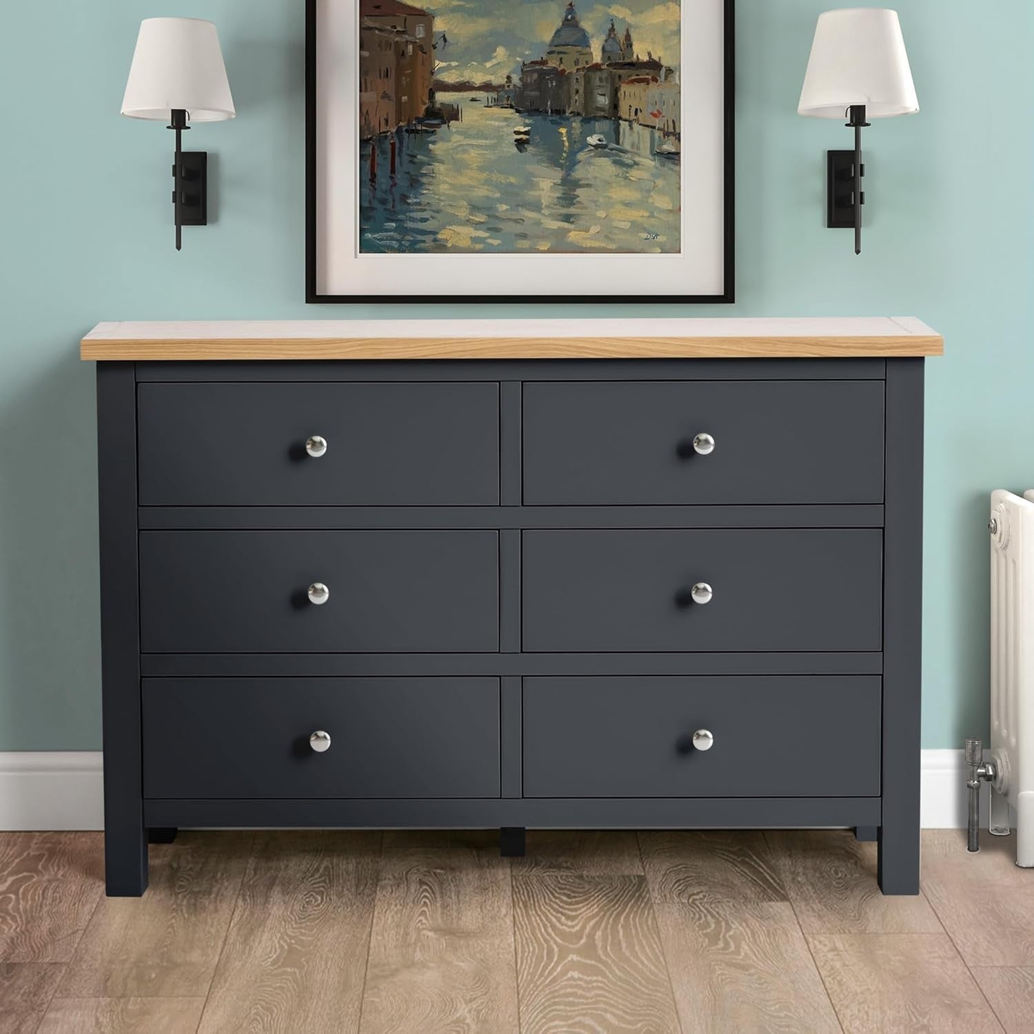 Large Charcoal Grey Chest of Drawers 6 Spacious Wooden Drawers Oak Top 78x120cm - Kwikley