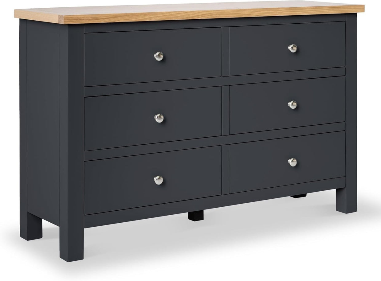 Large Charcoal Grey Chest of Drawers 6 Spacious Wooden Drawers Oak Top 78x120cm - Kwikley