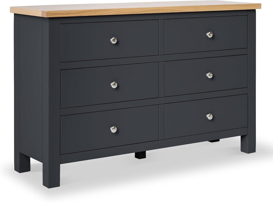 Large Charcoal Grey Chest of Drawers 6 Spacious Wooden Drawers Oak Top 78x120cm - Kwikley