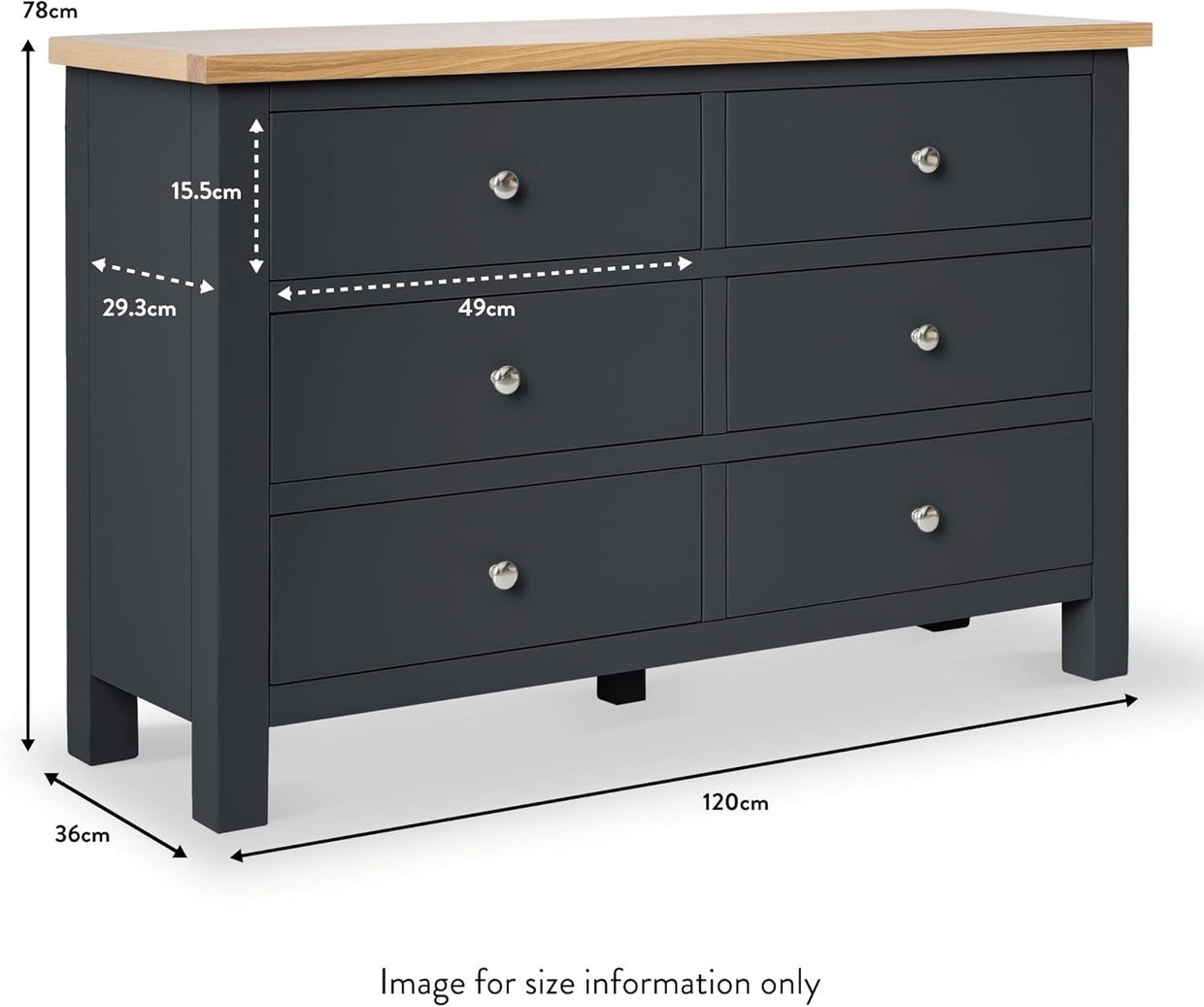 Large Charcoal Grey Chest of Drawers 6 Spacious Wooden Drawers Oak Top 78x120cm - Kwikley