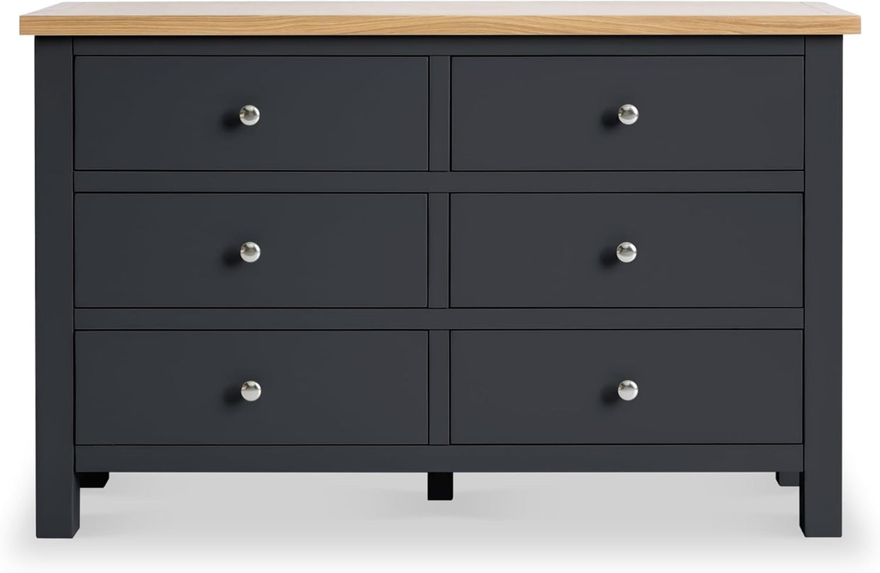 Large Charcoal Grey Chest of Drawers 6 Spacious Wooden Drawers Oak Top 78x120cm - Kwikley