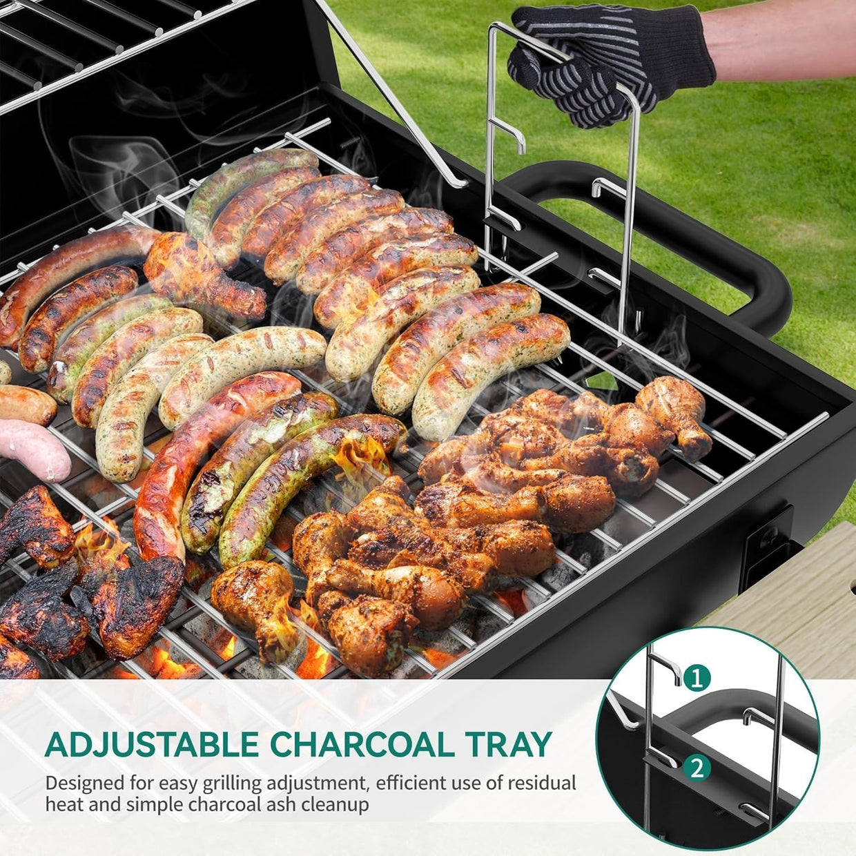 Large Charcoal Smoker BBQ Grill with Adjustable Tray & Temperature Gauge - Kwikley