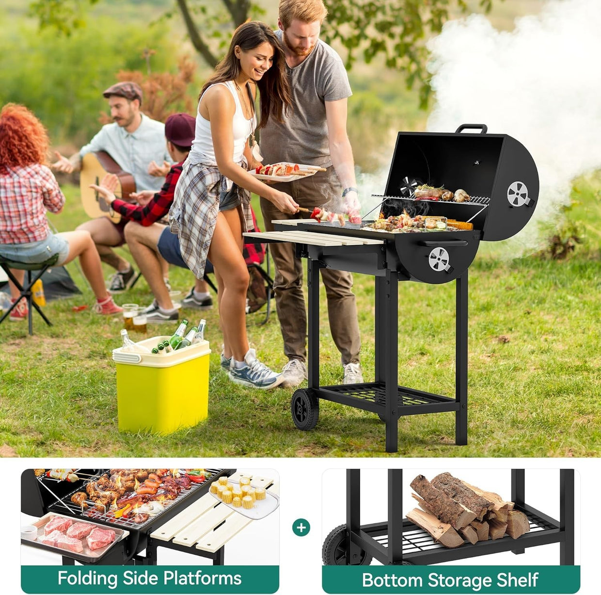 Large Charcoal Smoker BBQ Grill with Adjustable Tray & Temperature Gauge - Kwikley