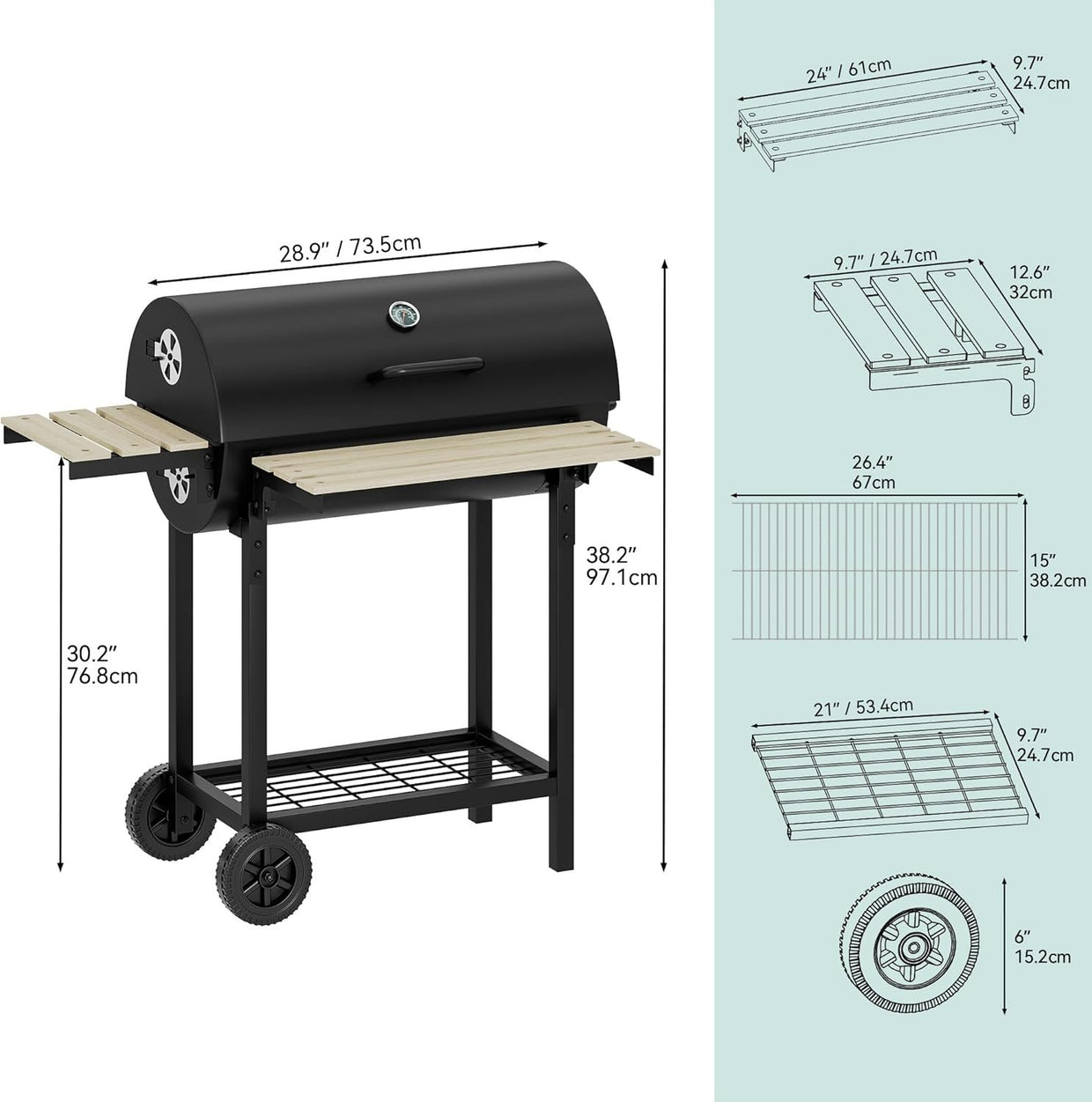 Large Charcoal Smoker BBQ Grill with Adjustable Tray & Temperature Gauge - Kwikley