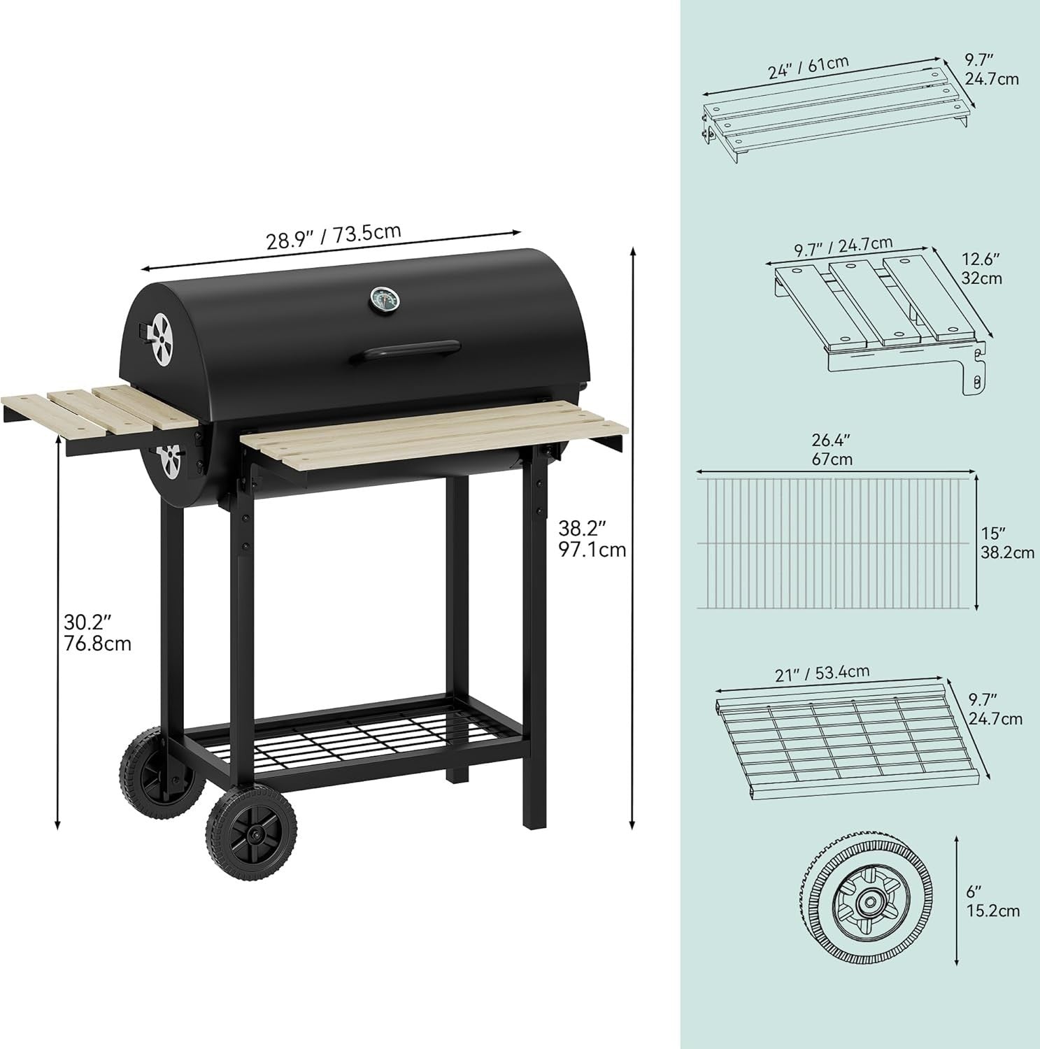 Large Charcoal Smoker BBQ Grill with Adjustable Tray & Temperature Gauge - Kwikley