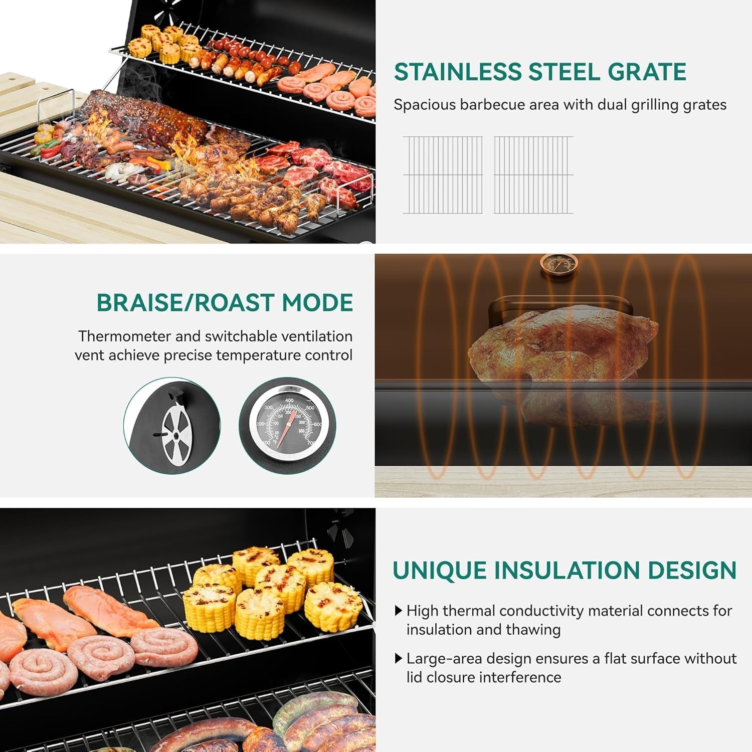Large Charcoal Smoker BBQ Grill with Adjustable Tray & Temperature Gauge - Kwikley