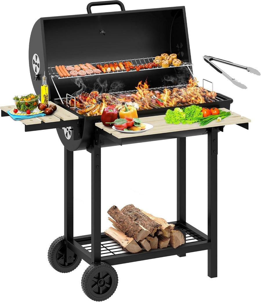 Large Charcoal Smoker BBQ Grill with Adjustable Tray & Temperature Gauge - Kwikley