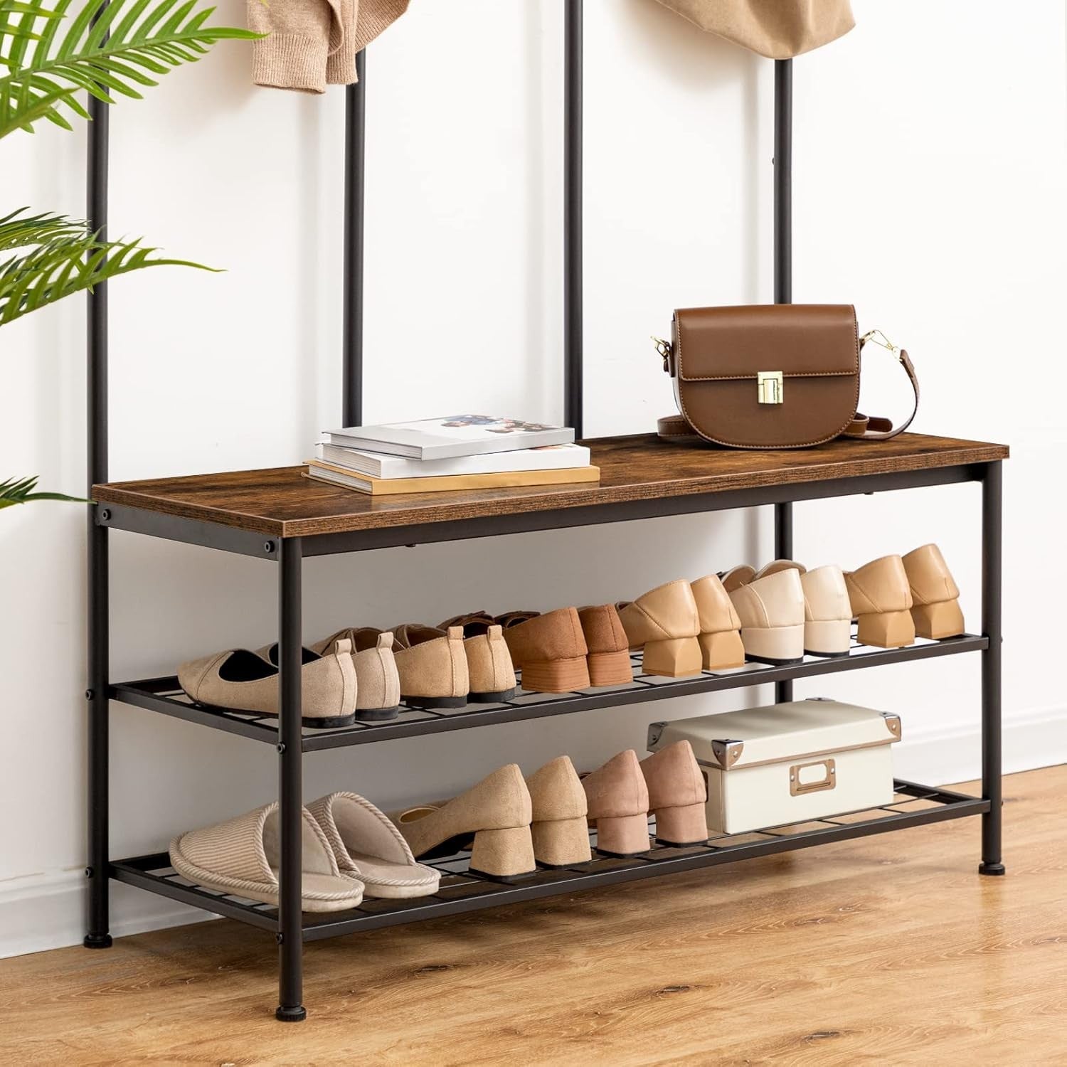 Large Coat Rack Stand with Shoe Bench 12 Hooks | Hall Tree Organizer 182cm - Kwikley