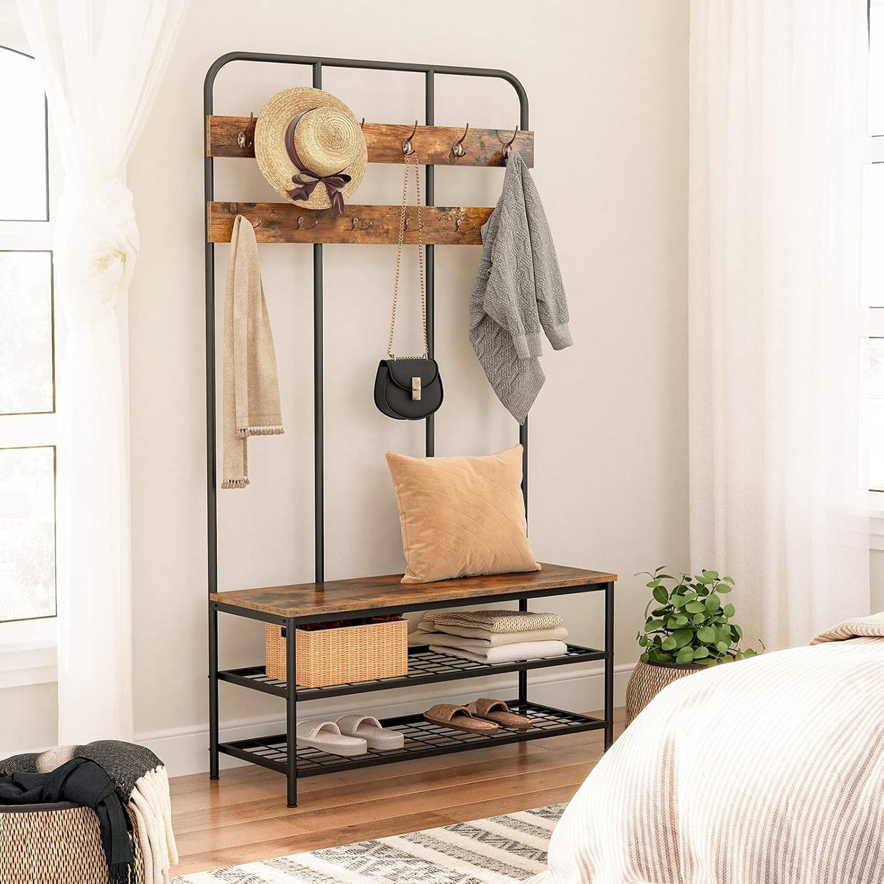 Large Coat Rack Stand with Shoe Bench 12 Hooks | Hall Tree Organizer 182cm - Kwikley