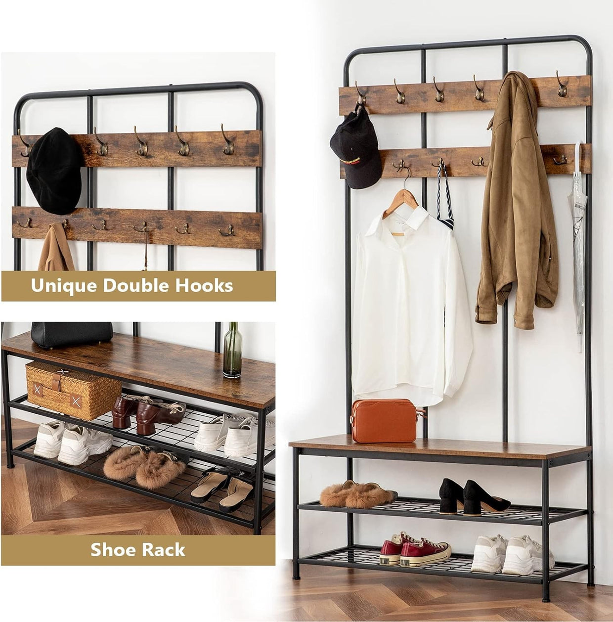 Large Coat Rack Stand with Shoe Bench 12 Hooks | Hall Tree Organizer 182cm - Kwikley