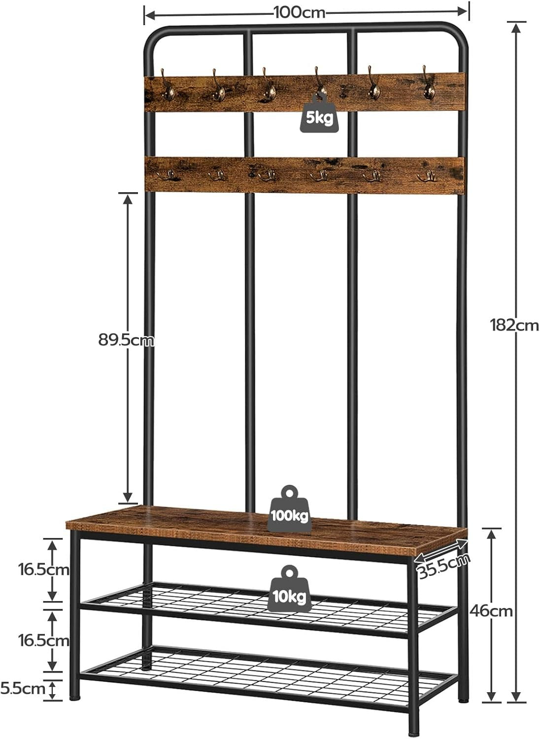 Large Coat Rack Stand with Shoe Bench 12 Hooks | Hall Tree Organizer 182cm - Kwikley