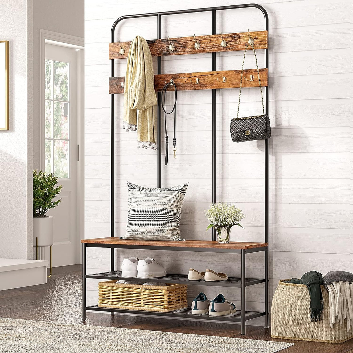 Large Coat Rack Stand with Shoe Bench 12 Hooks | Hall Tree Organizer 182cm - Kwikley