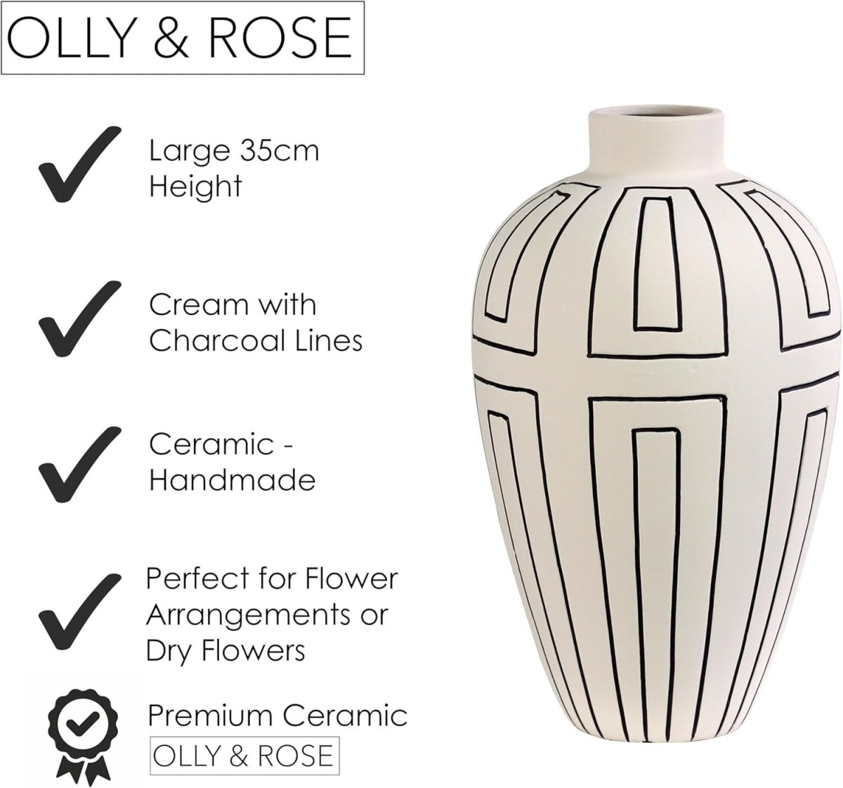 Large Cream Ceramic Vase Etched Lines Modern Table Decor 34.5cm - Kwikley
