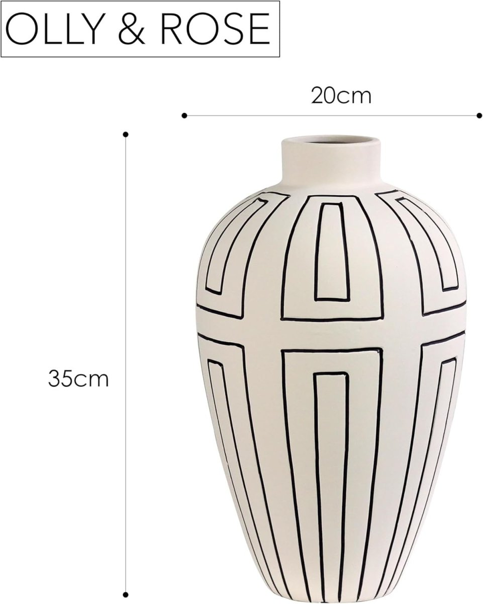 Large Cream Ceramic Vase Etched Lines Modern Table Decor 34.5cm - Kwikley