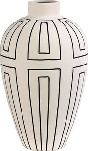 Large Cream Ceramic Vase Etched Lines Modern Table Decor 34.5cm - Kwikley