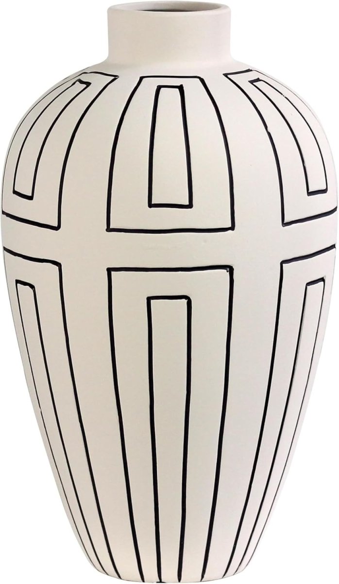 Large Cream Ceramic Vase Etched Lines Modern Table Decor 34.5cm - Kwikley
