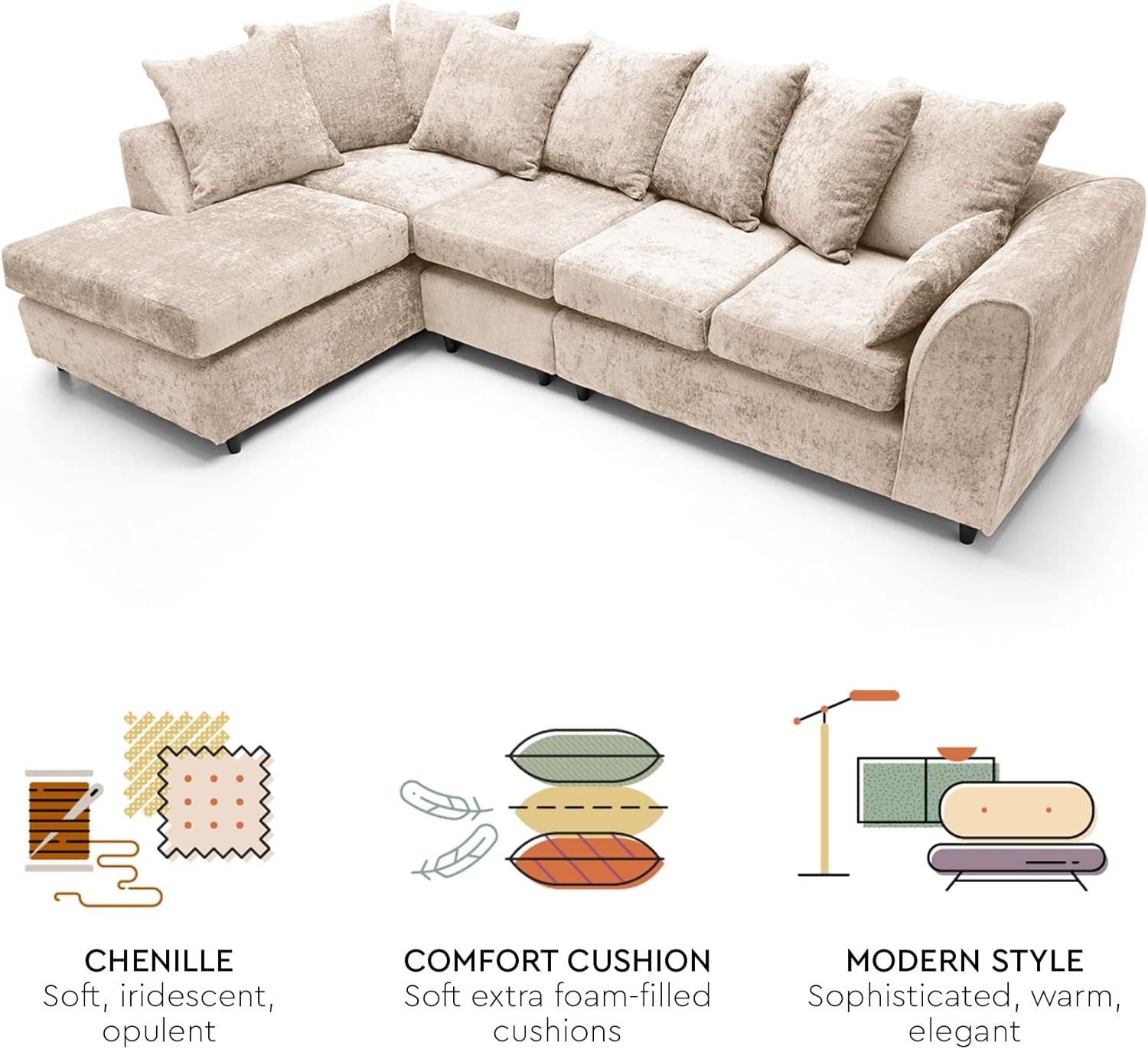 Large Cream Chenille Corner Sofa – Modern L Shape 5 Seater Couch w/ Covers - Kwikley