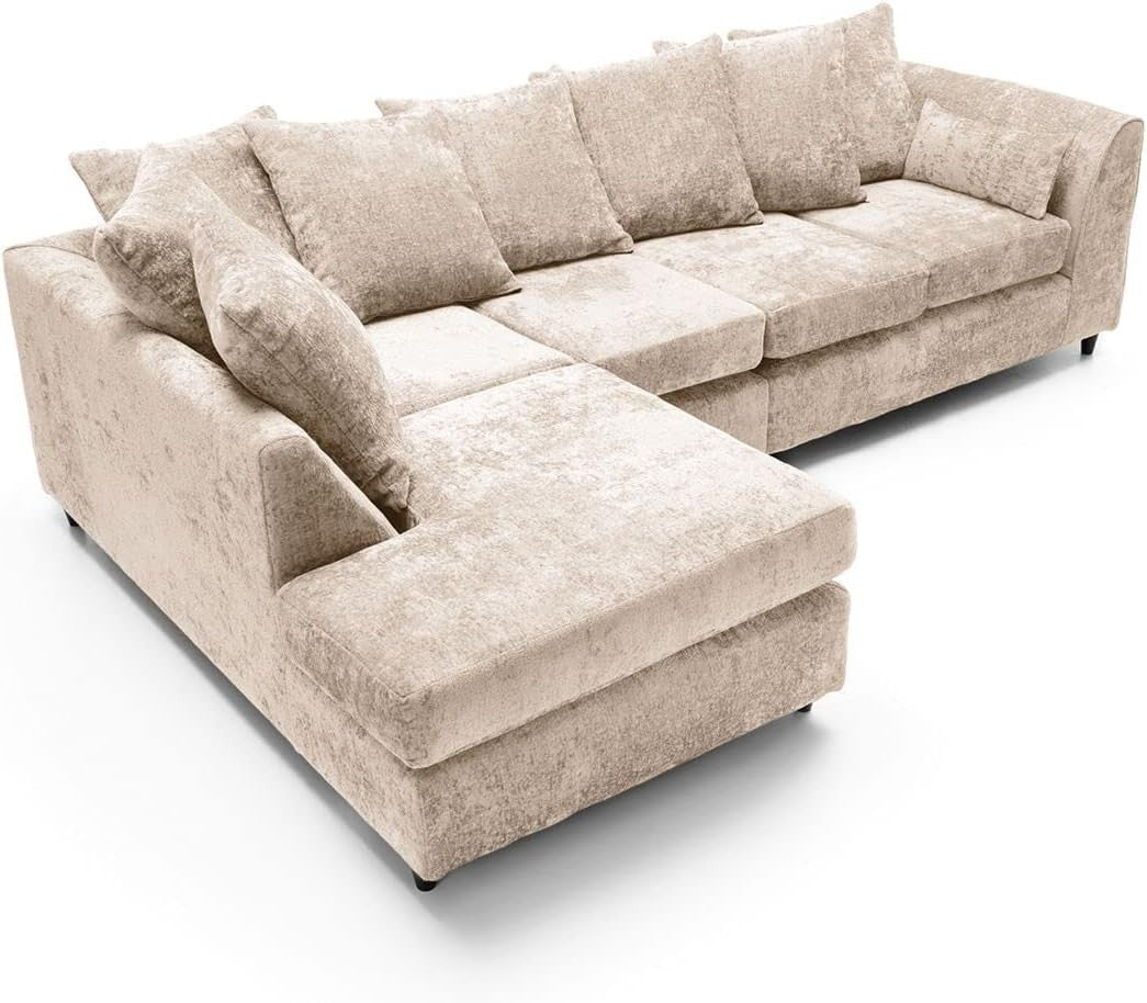 Large Cream Chenille Corner Sofa – Modern L Shape 5 Seater Couch w/ Covers - Kwikley