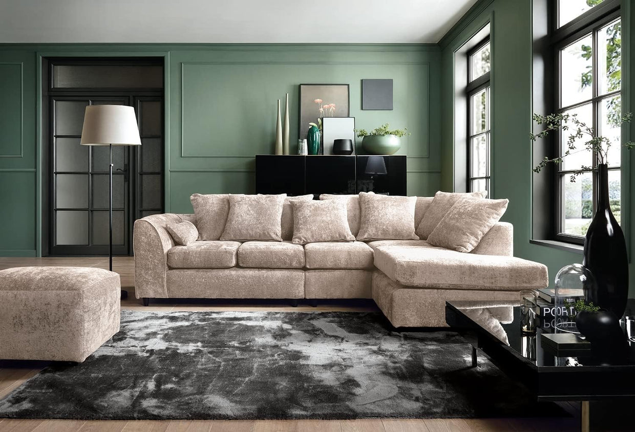 Large Cream Chenille Corner Sofa – Modern L Shape 5 Seater Couch w/ Covers - Kwikley