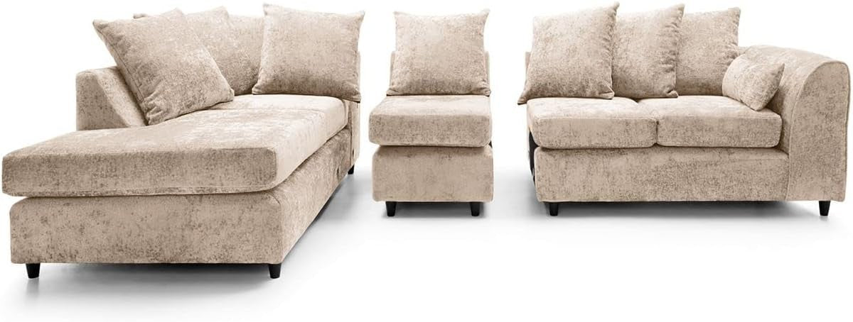 Large Cream Chenille Corner Sofa – Modern L Shape 5 Seater Couch w/ Covers - Kwikley