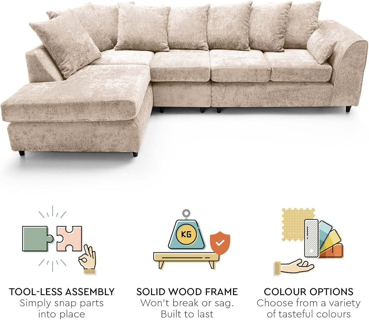 Large Cream Chenille Corner Sofa – Modern L Shape 5 Seater Couch w/ Covers - Kwikley