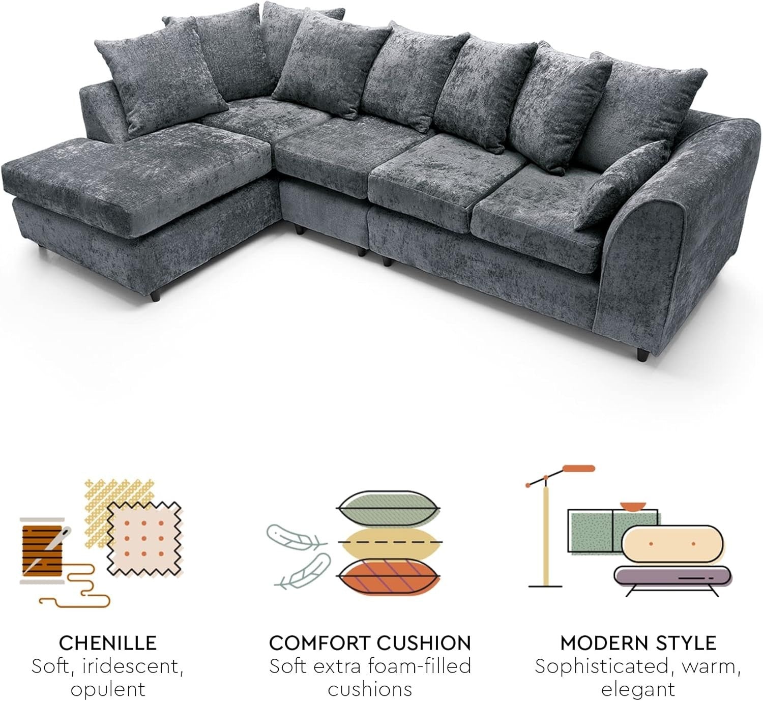 Large Dark Grey Chenille Corner Sofa – Modern L Shape 5 Seater Couch w/ Covers - Kwikley