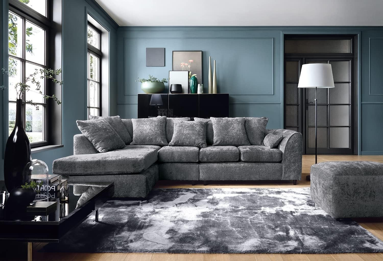 Large Dark Grey Chenille Corner Sofa – Modern L Shape 5 Seater Couch w/ Covers - Kwikley