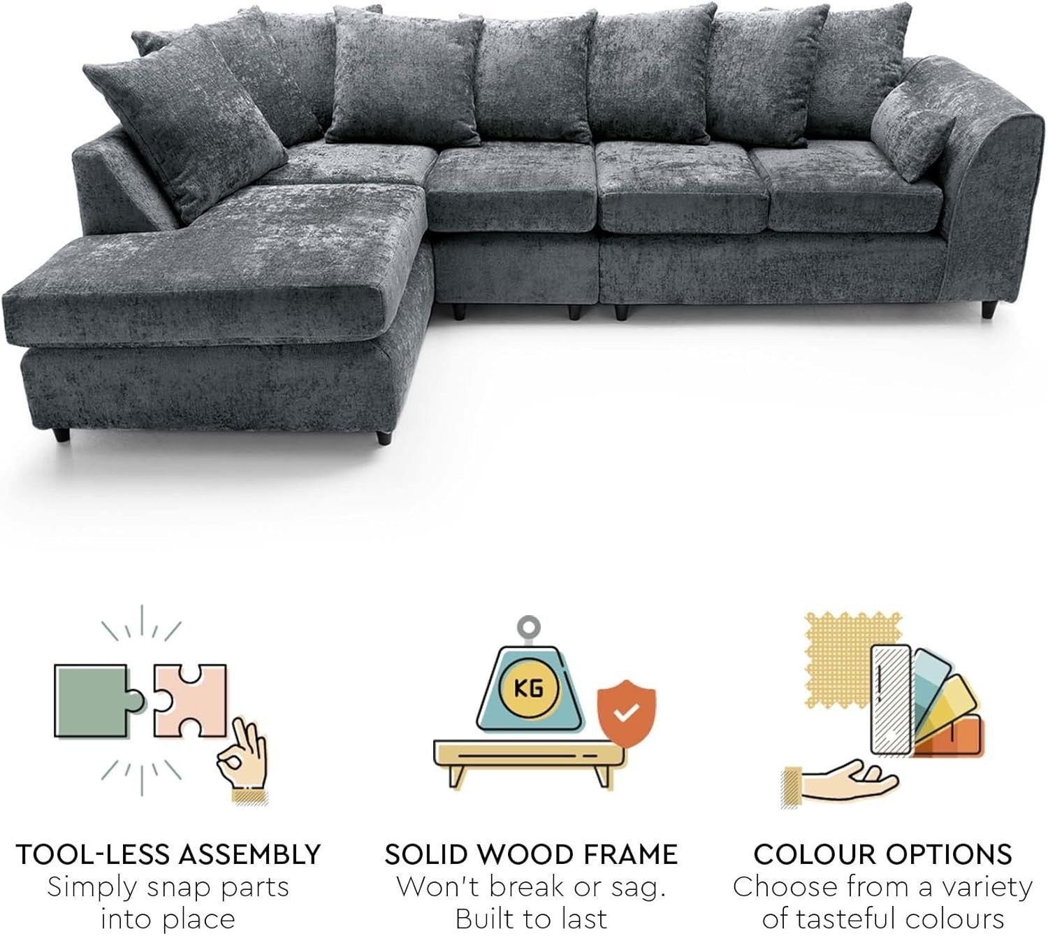 Large Dark Grey Chenille Corner Sofa – Modern L Shape 5 Seater Couch w/ Covers - Kwikley