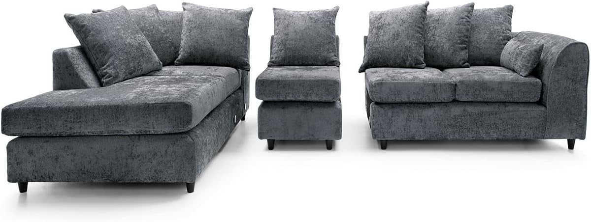 Large Dark Grey Chenille Corner Sofa – Modern L Shape 5 Seater Couch w/ Covers - Kwikley