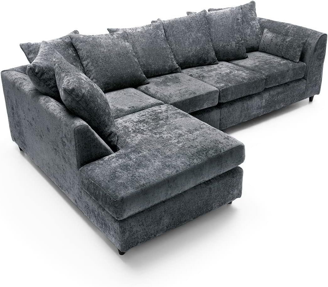 Large Dark Grey Chenille Corner Sofa – Modern L Shape 5 Seater Couch w/ Covers - Kwikley