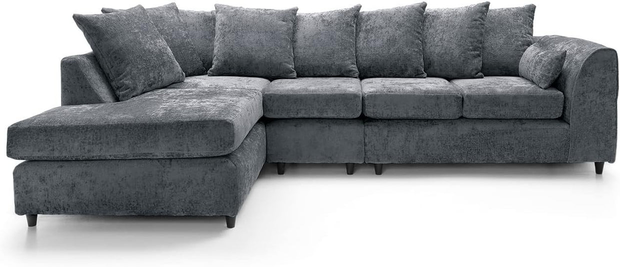 Large Dark Grey Chenille Corner Sofa – Modern L Shape 5 Seater Couch w/ Covers - Kwikley