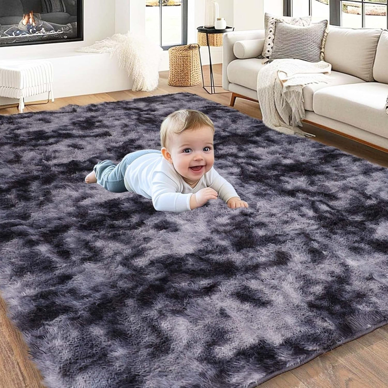Large Dark Grey Shaggy Rug 200x290cm Soft Fluffy Tie Dye Non Slip Bedroom Carpet - Kwikley