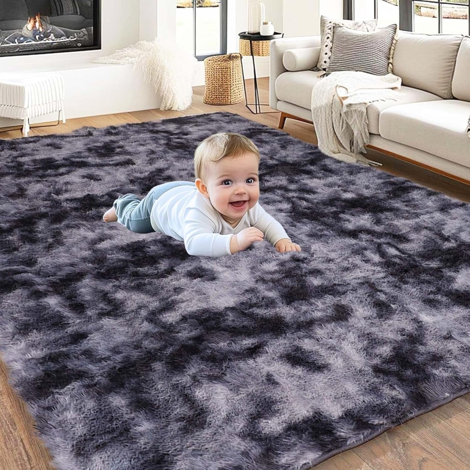 Large Dark Grey Shaggy Rug 200x290cm Soft Fluffy Tie Dye Non Slip Bedroom Carpet - Kwikley