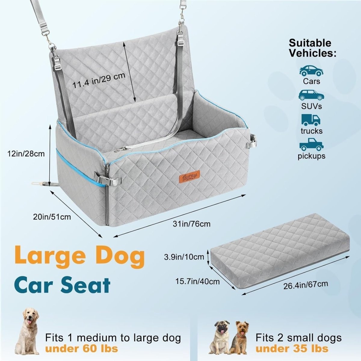 Large Dog Booster Car Seat Bed Washable Travel Cushion 60lb Gray - Kwikley